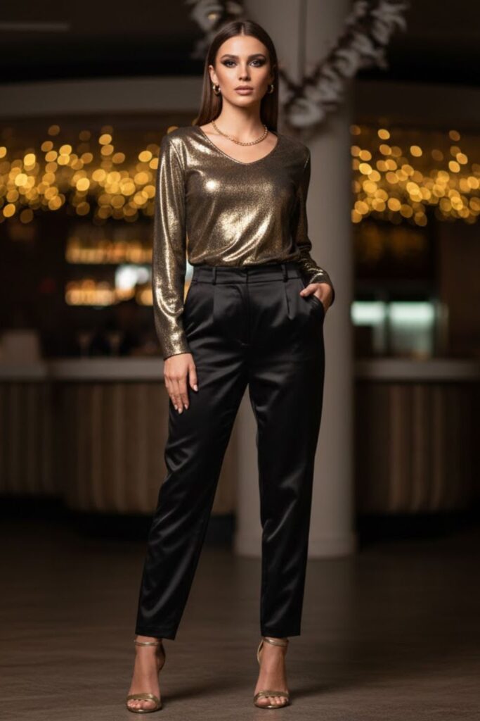 13. Black Satin Trousers with a Metallic Blouse