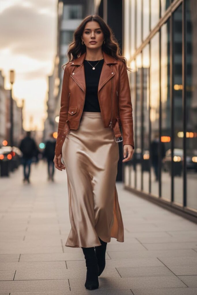 13. Brown Leather Jacket with Satin Skirt