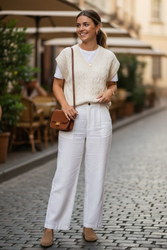 13. Casual White Trousers with a Lightweight Sweater Vest