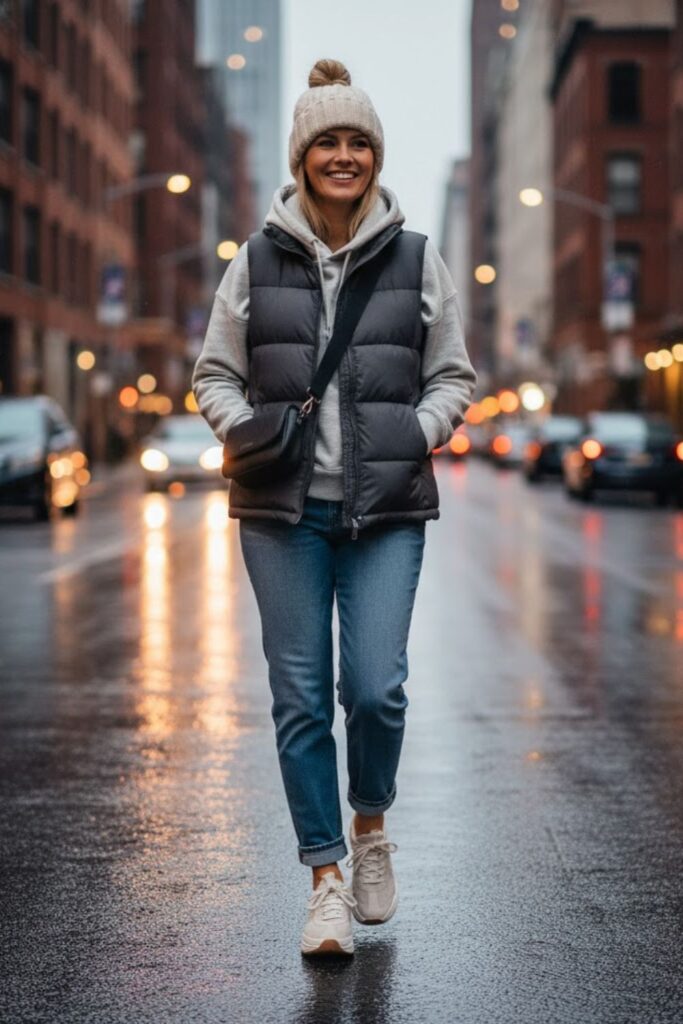 13. Down Vest with Hoodie and Straight-Leg Jeans