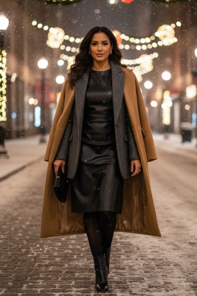 13. Faux Leather Dress and Wool Blazer