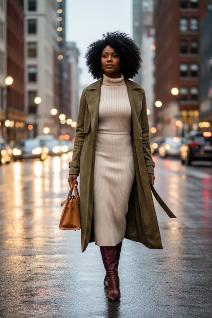 13. Faux Suede Coat with Knit Set and Heeled Boots