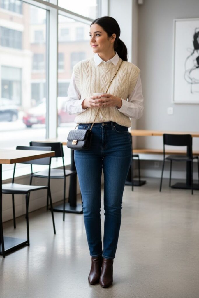 13. High-Waisted Jeans with Button-Up and Vest
