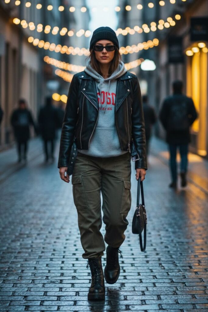 13. Hoodie and Leather Jacket with Cargo Pants