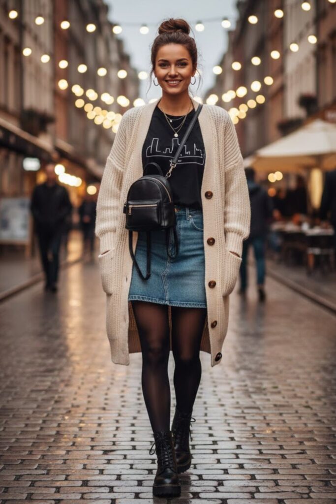 13. Layered Over a Graphic Tee and Denim Skirt