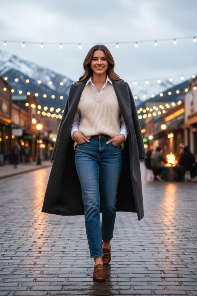 13. Layered Shirt and Knit Vest with Jeans