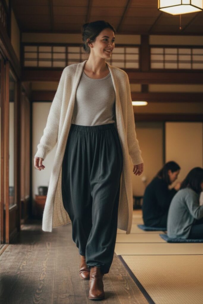 13. Long Knit Cardigan with Thermal Layers and Loose Pants