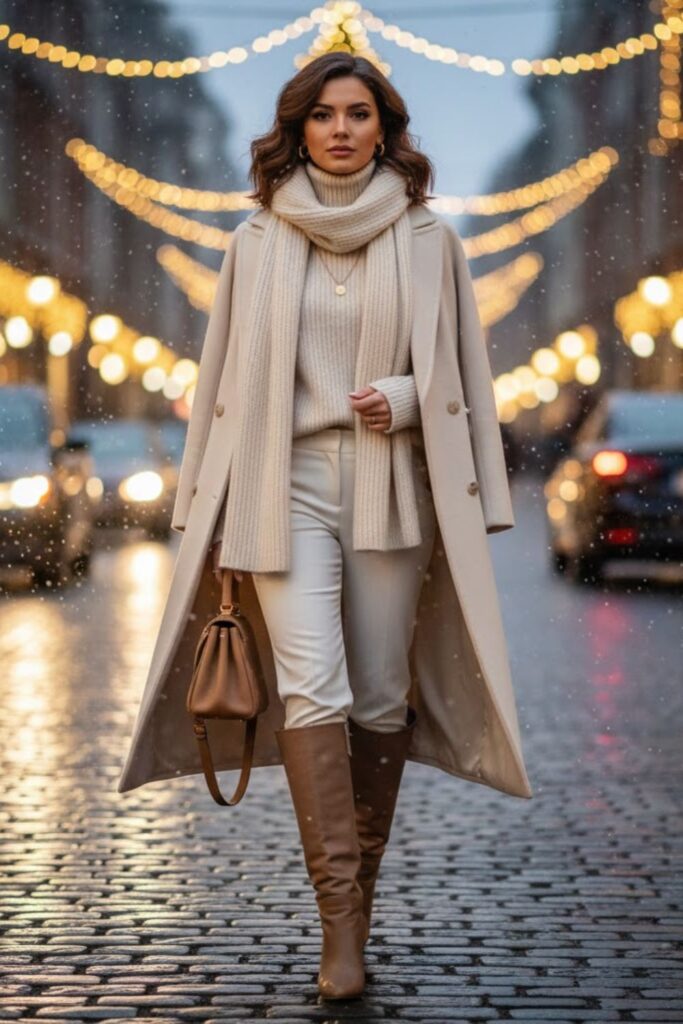 13. Monochrome Ivory Ensemble with Sweater, Coat, and White Trousers