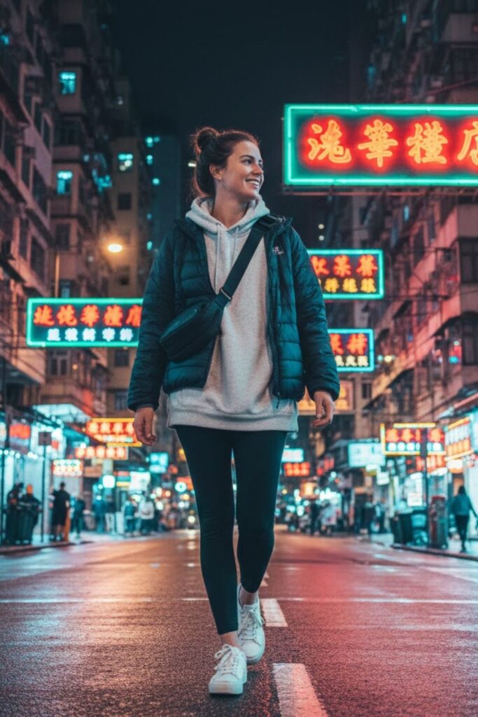 13. Oversized Hoodie with Lightweight Puffer and Leggings