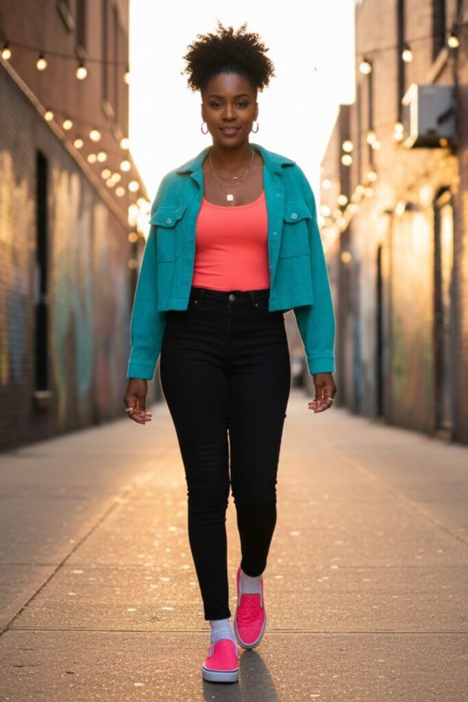 13. Pink Vans with Black Jeans and a Colorful Top