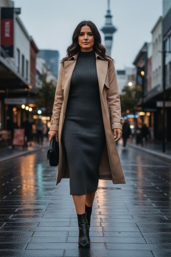 13. Trench Coat with Knit Dress and Boots