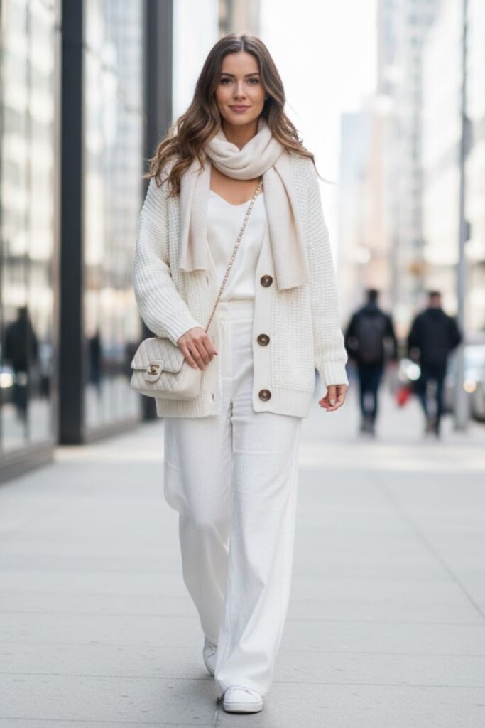 13. White Cardigan with Monochrome All-White Ensemble