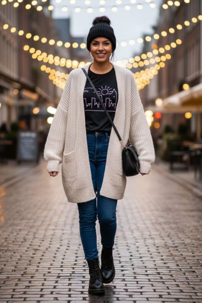 13. White Cardigan with a Graphic Tee and Beanie