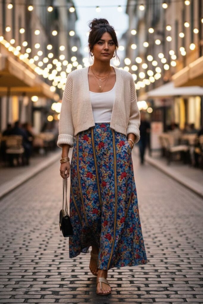 13. White Cropped Cardigan with Patterned Maxi Skirt and Sandals