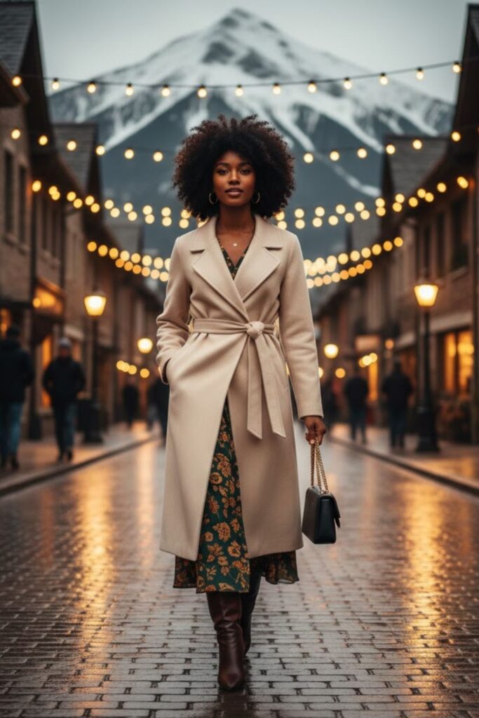 13. Wrap Coat with Printed Dress and Boots