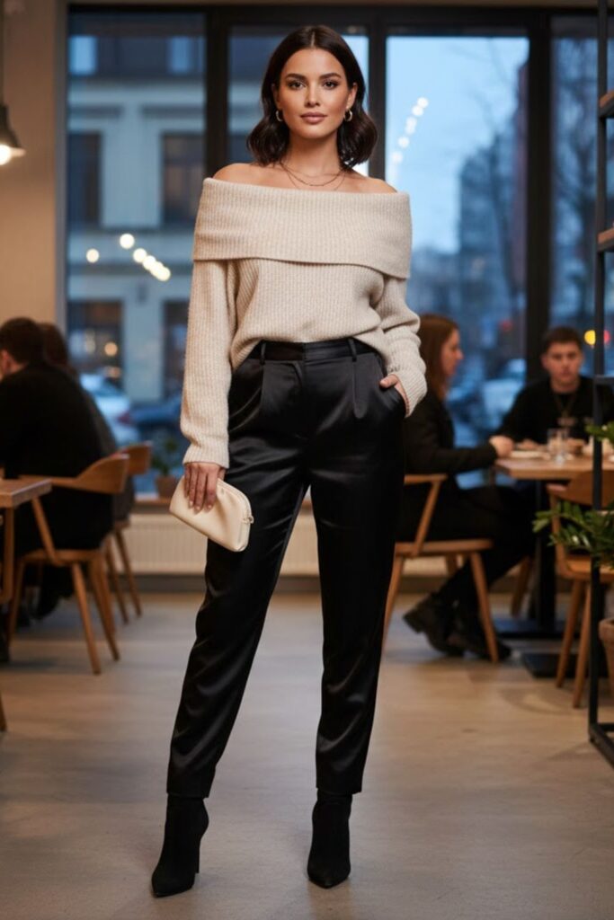 14. Black Satin Trousers with an Off-Shoulder Sweater