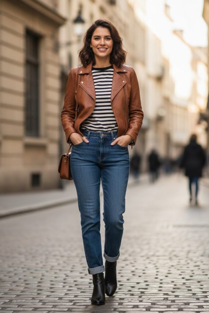 14. Brown Leather Jacket with Striped Top and Jeans