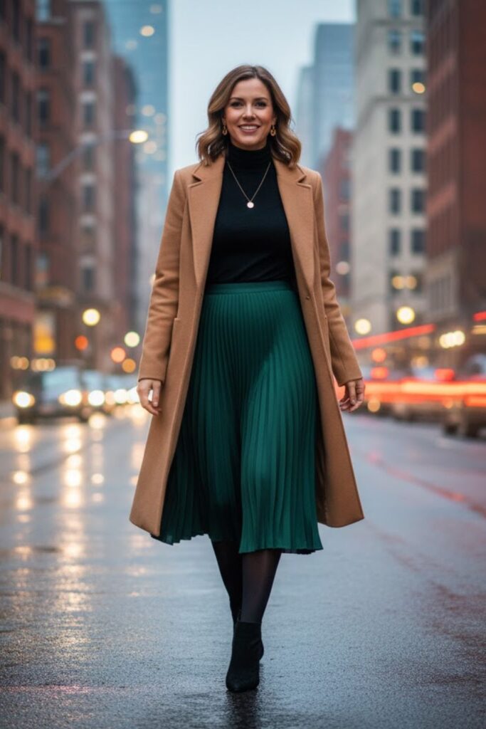 14. Camel Coat with Turtleneck and Midi Skirt