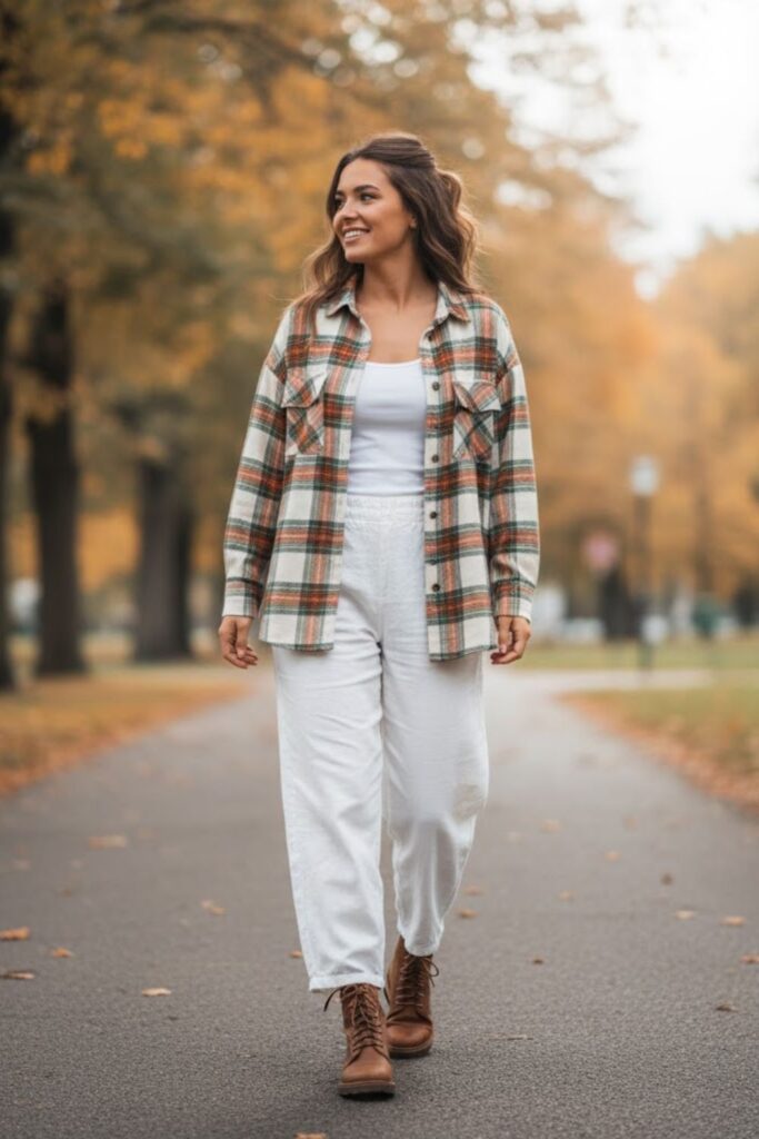 14. Casual White Trousers with a Relaxed Plaid Shirt