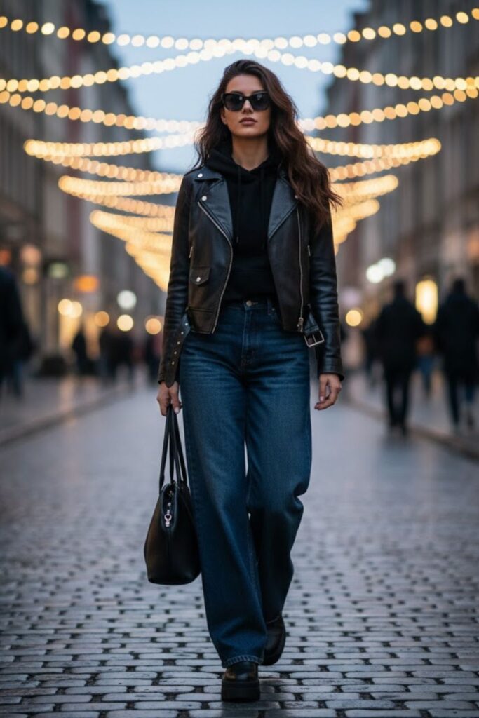 14. Hoodie and Leather Jacket with Wide-Leg Jeans