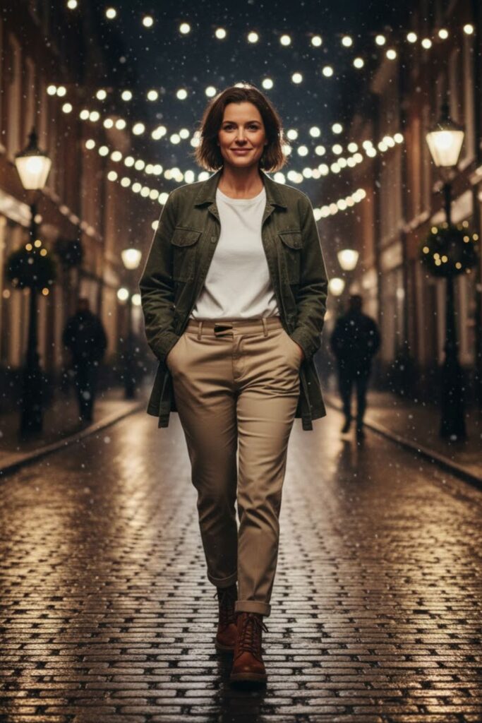 14. Khaki Trousers with a Utility Jacket