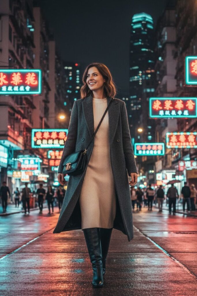 14. Knit Dress with Long Coat and Knee-High Boots