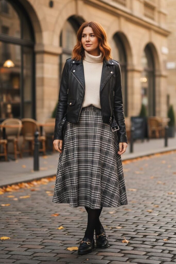14. Leather Jacket with Checked Skirt