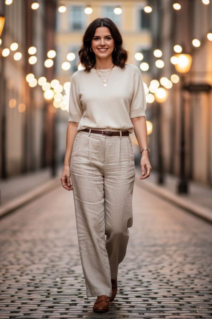 14. Linen Trousers with a Knit Top