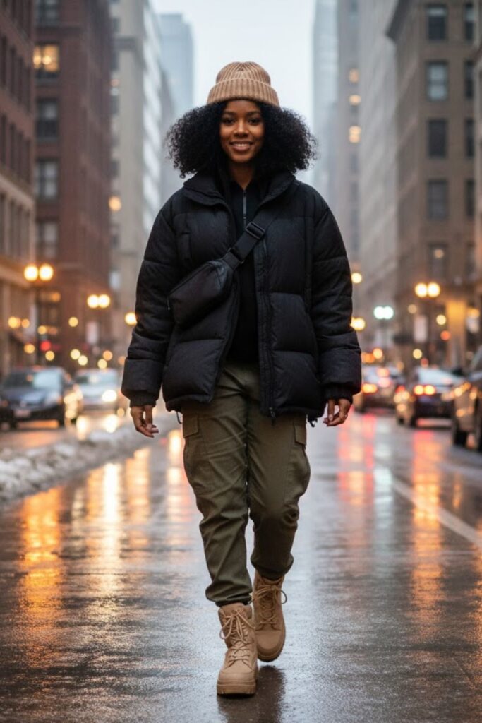 14. Oversized Puffer with Cargo Joggers and Snow Boots