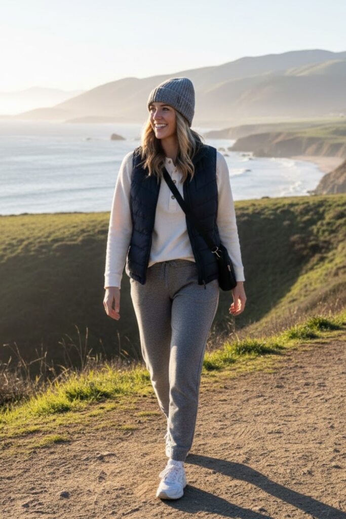 14. Padded Vest with Long-Sleeve Henley and Jogger Pants