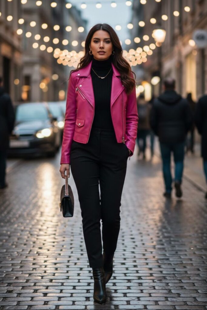 14. Pink Leather Jacket With Turtleneck
