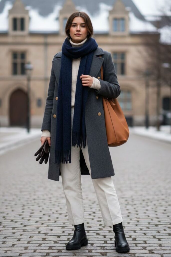 14. Structured Pea Coat with Turtleneck and White Trousers