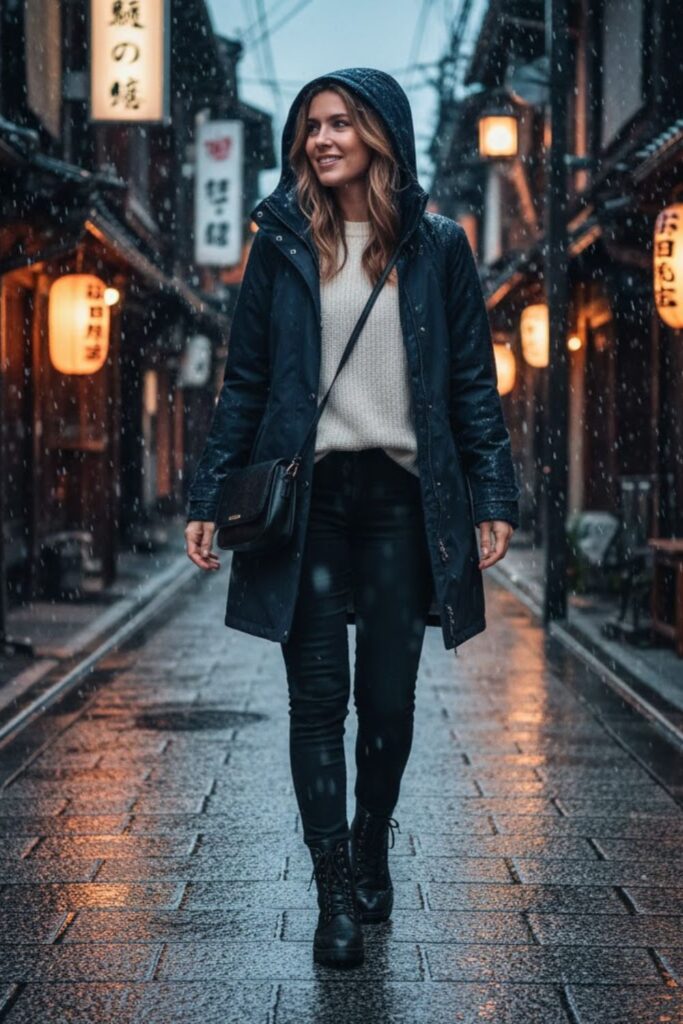 14. Waterproof Coat with Warm Innerwear and Skinny Jeans