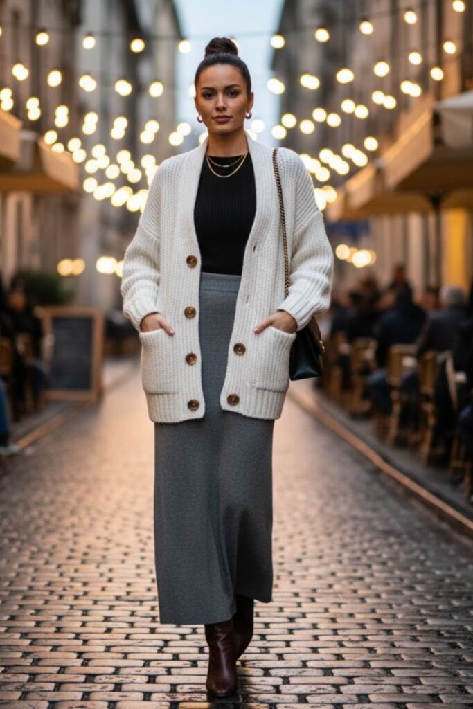 14. White Cardigan with a Long Knit Skirt and Fitted Top