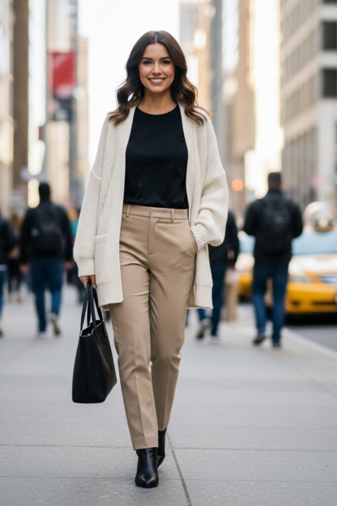 14. White Knitted Cardigan with a Basic Tee and Straight-Leg Pants