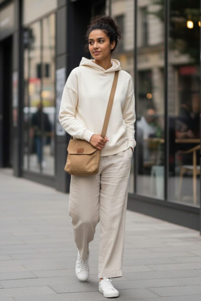 14. White Linen Trousers with a Relaxed Hoodie