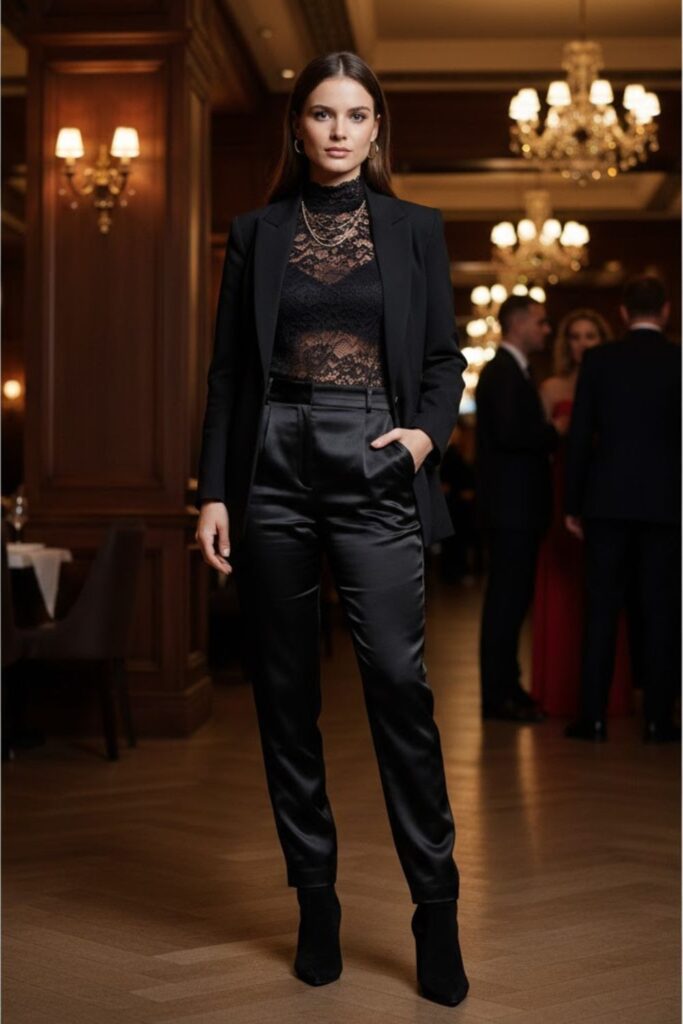 15. Black Satin Trousers with a High-Neck Lace Top and Blazer
