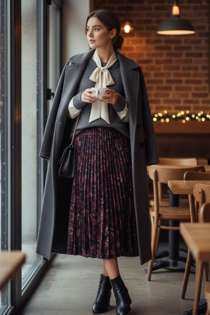 15. Blouse with Sweater and Midi Skirt