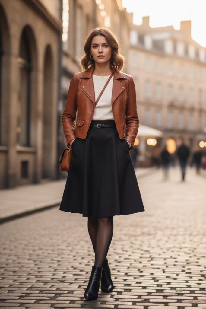 15. Brown Leather Jacket with High-Waisted Skirt