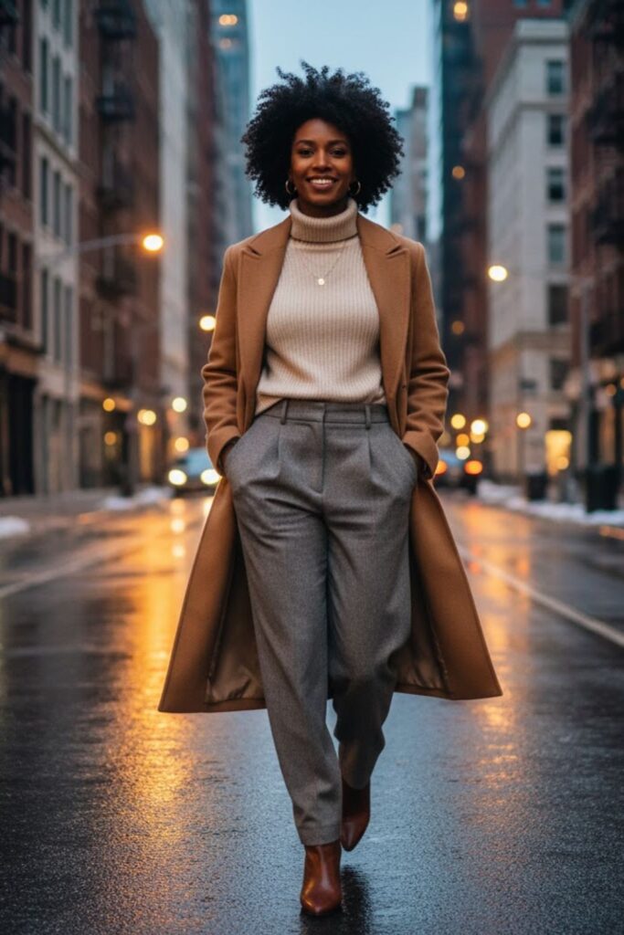 15. Camel Coat with Monochrome Layers and Ankle Boots