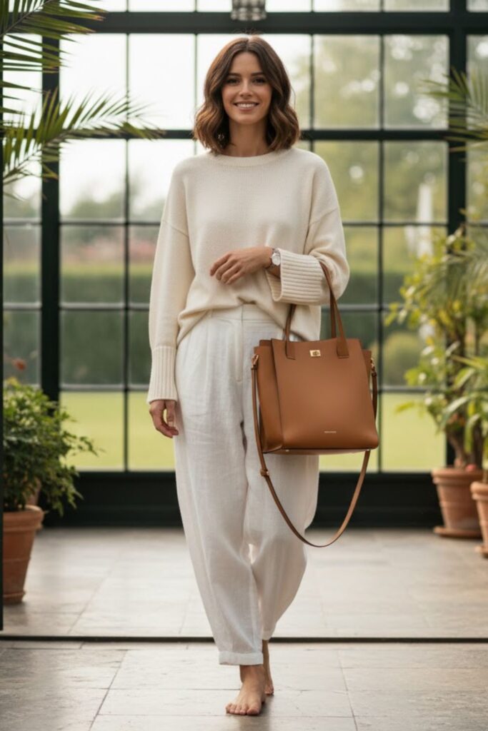 15. Casual White Trousers with a Cotton Pullover