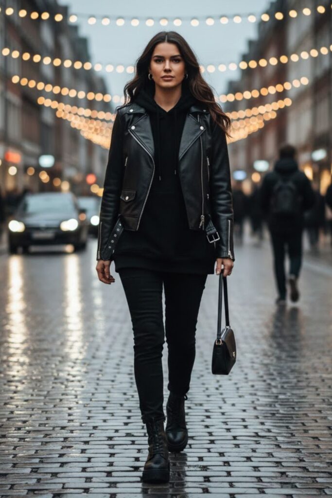 15. Hoodie, Leather Jacket, and All-Black Attire