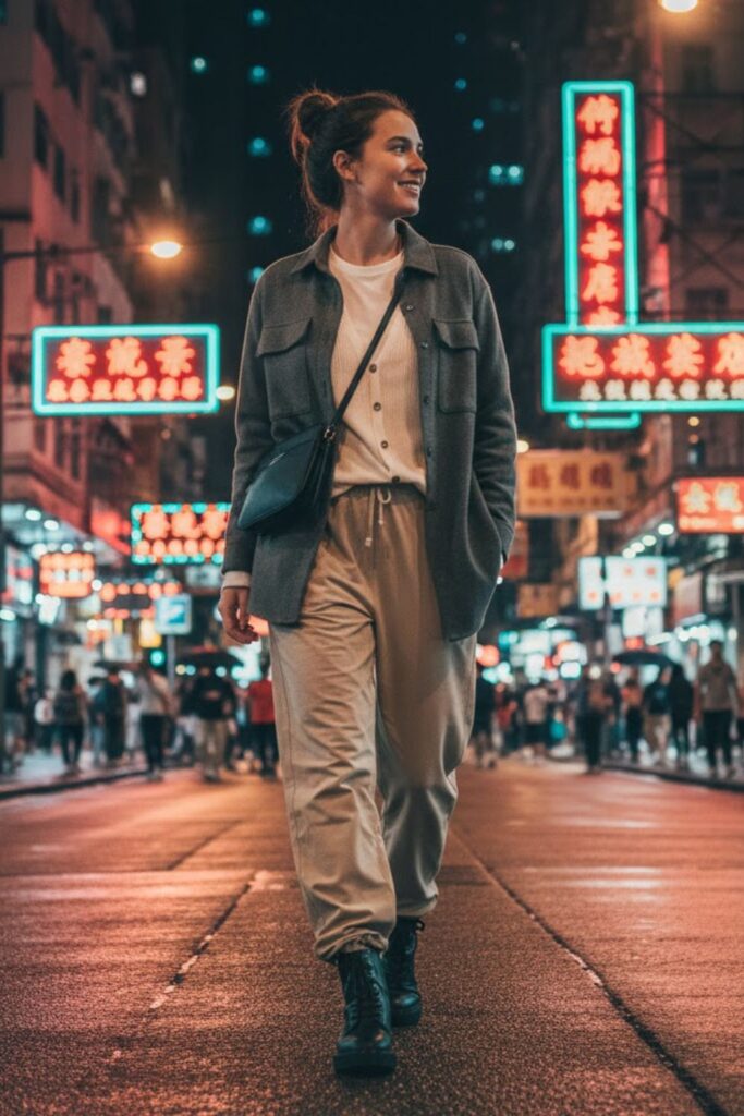 15. Layered Tops with Overshirt Jacket and Travel Pants