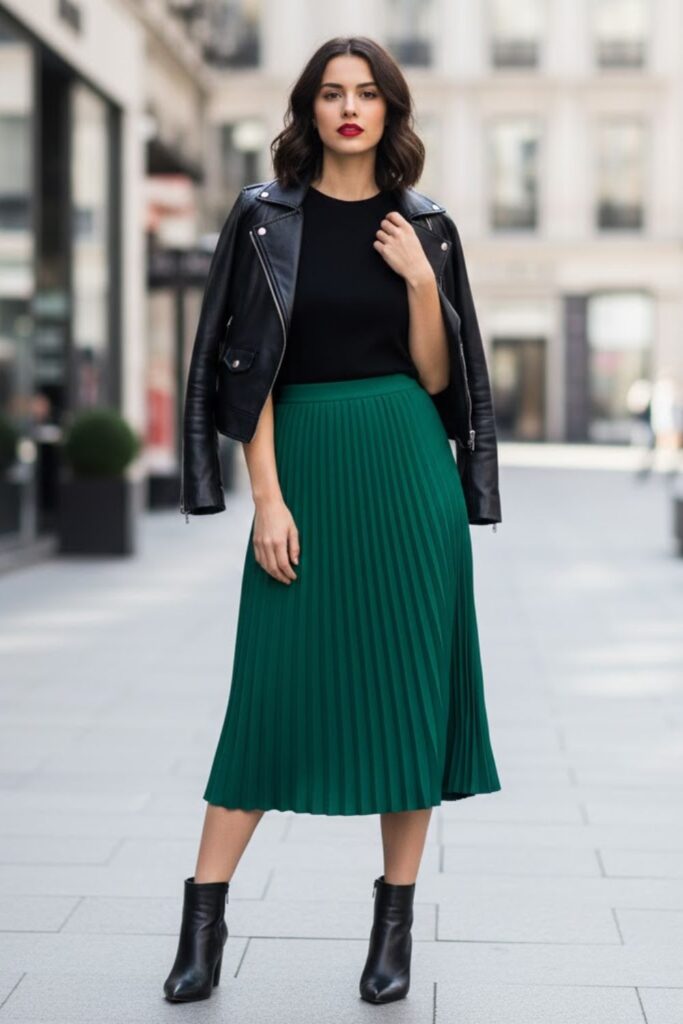 15. Leather Jacket with High-Waisted Skirt