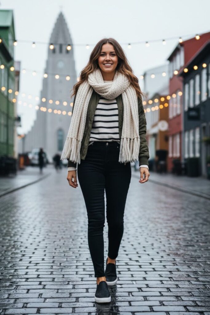 15. Lightweight Jacket with Scarf and Waterproof Sneakers