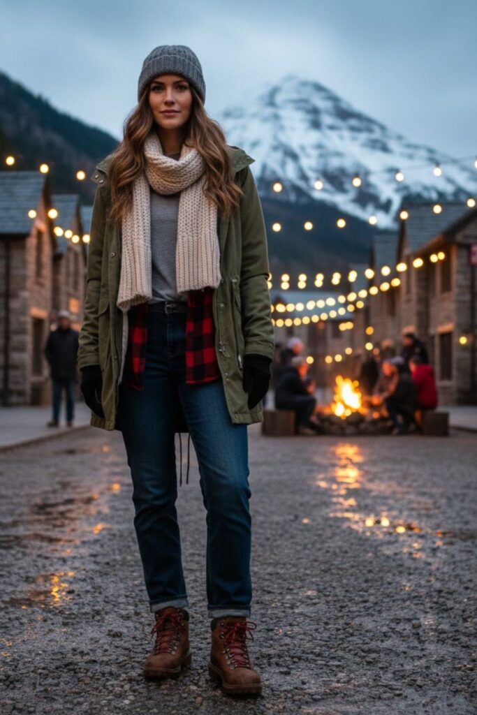 15. Lightweight Parka with Plaid Shirt and Hiking Jeans