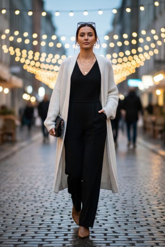 15. Long White Cardigan Over a Sleeveless Jumpsuit