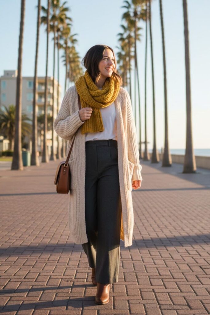 15. Longline Cardigan with Layered Tee and Wide-Leg Pants