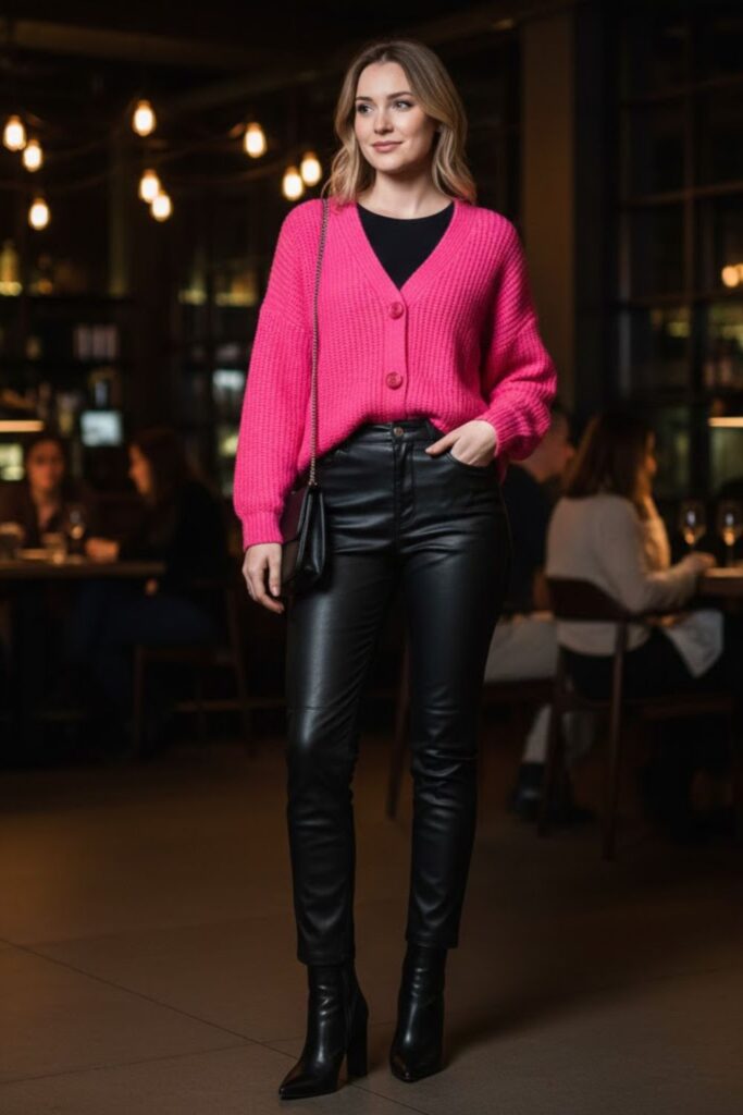 15. Pink Cardigan with Leather Pants