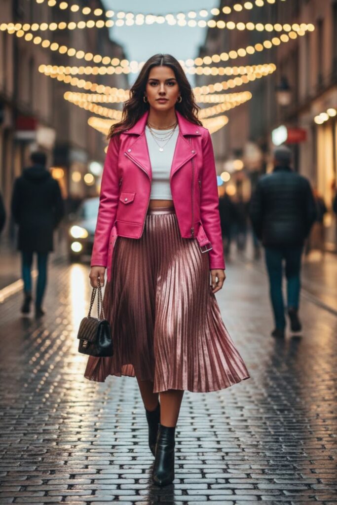 15. Pink Leather Jacket With Midi Skirt